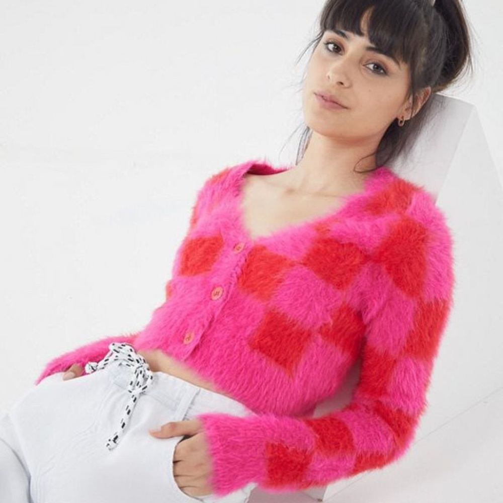 Lazy Oaf Checkerboard Cardigan - Pink and Red